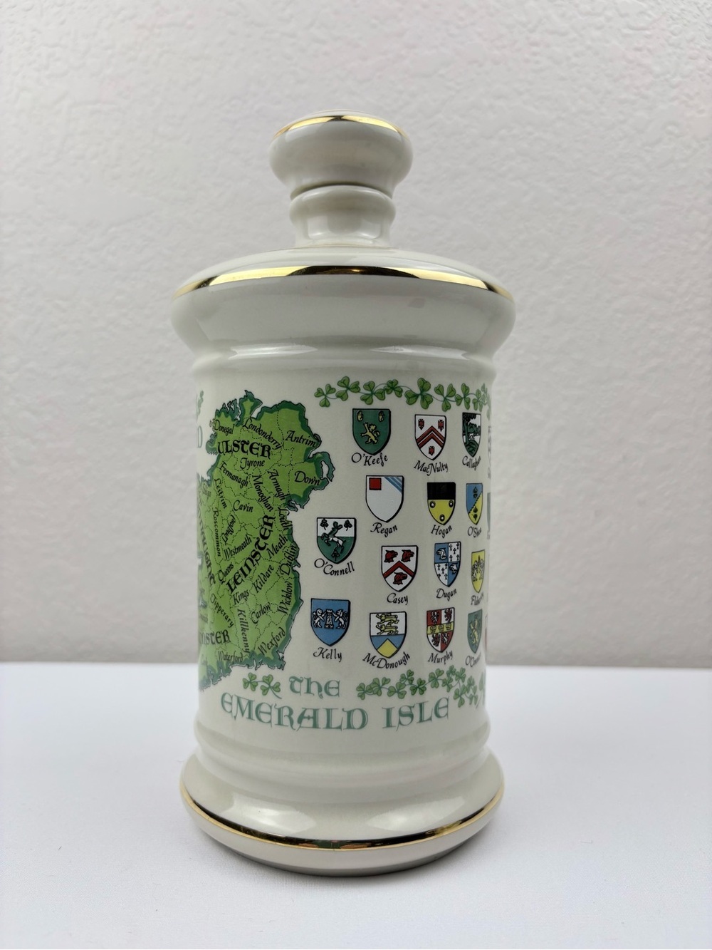 Vintage 1970s Old Fitzgerald “Sons of Erin” Porcelain Decanter. Bottle is Empty.